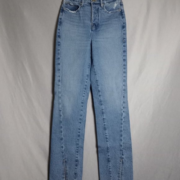 Good American Women's Button Fly Skinny Leg Split Hem Distress Waist Jeans 0/25 - Picture 2 of 9
